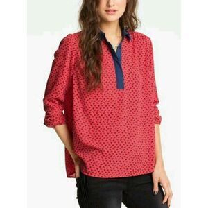 Free People Women's Red/Navy Horse Print Collared Chiffon‎ Blouse Size Small